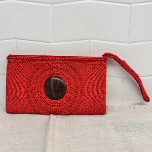 Vintage EUC Intricate Beaded Design Wristlet - Red - Wood Accent in center